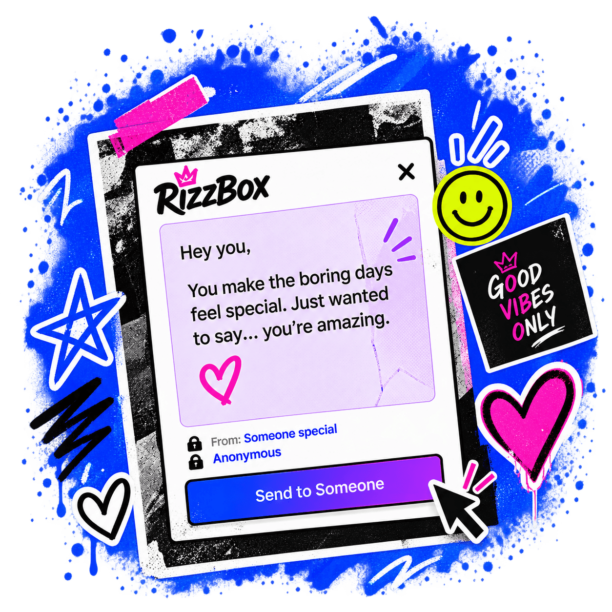 A RizzBox secret message card — anonymous note, stickers and paint