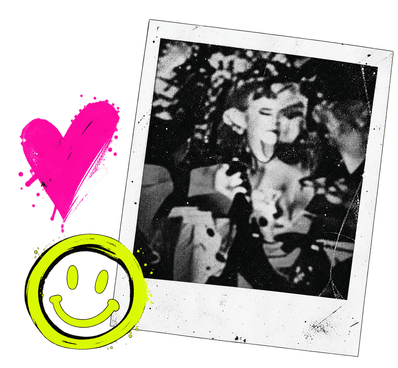 Polaroid-style photo with smiley and heart stickers